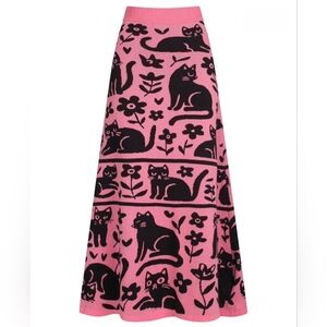 Playful Pink and Black Cat Pattern A-Line Skirt